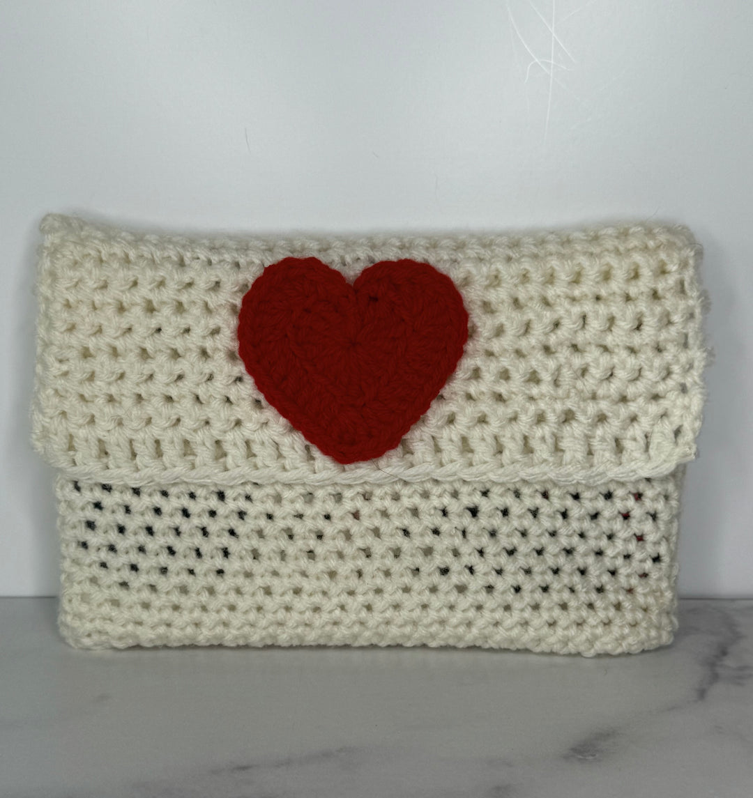 Hand Crocheted Book Sleeve - Cream/Red Heart