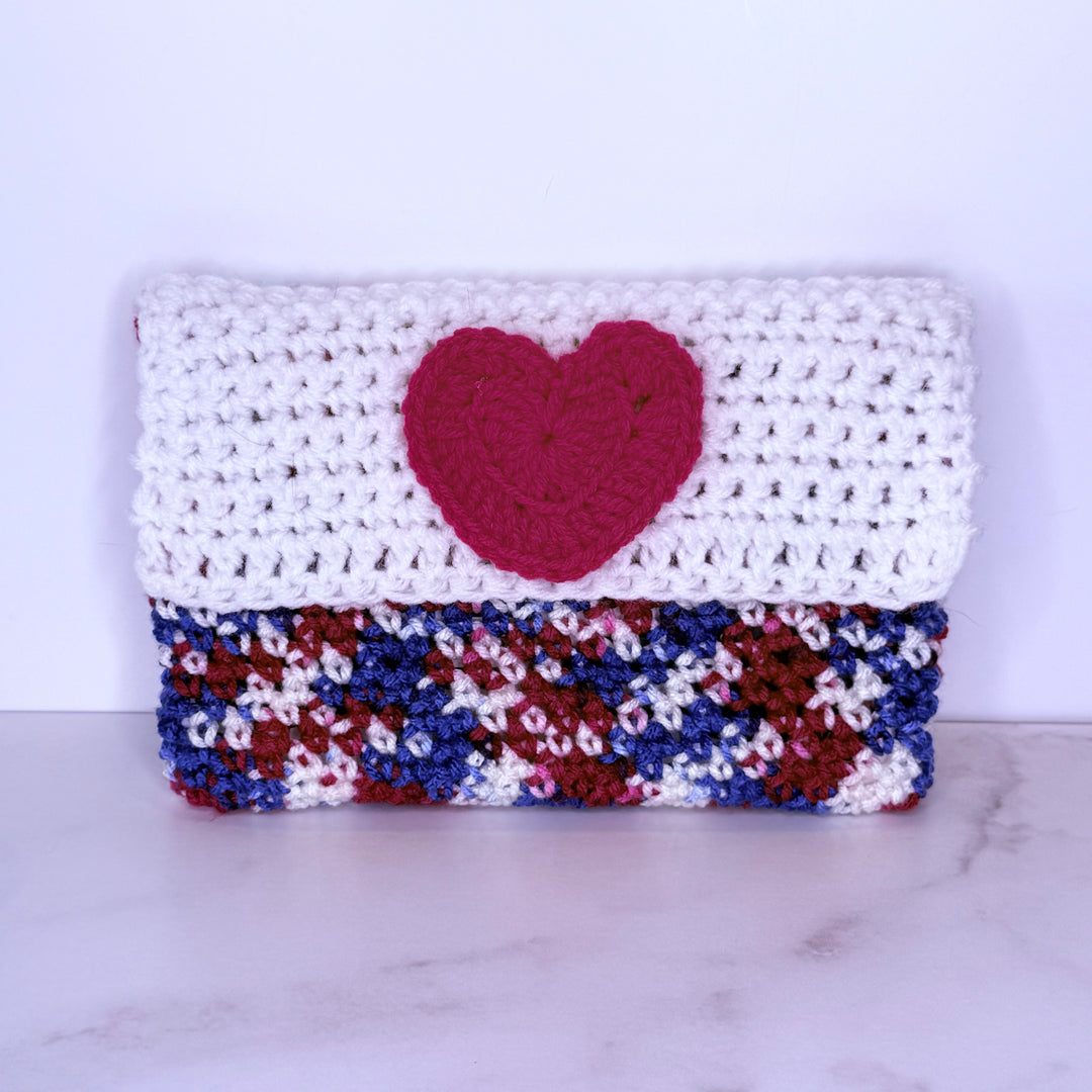 Hand Crocheted Book Sleeve - Red/White/Blue with Heart