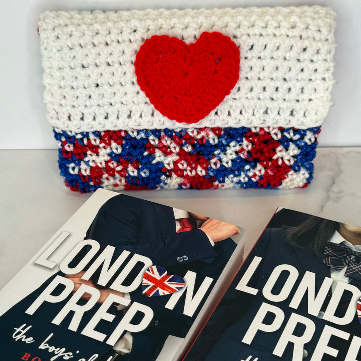 Hand Crocheted Book Sleeve - Red/White/Blue with Heart